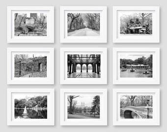 Central Park Black and White Photography, New York Gallery Wall Art, Central Park Print Set, NYC Prints, Bow Bridge, Set of 9 Prints