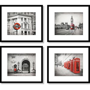 London Prints, London Wall Art, Set of 4 Prints, Black and White, Red, Gallery Wall, Travel Decor, Big Ben, Phone Box, Palace, Taxi Cab, Bus