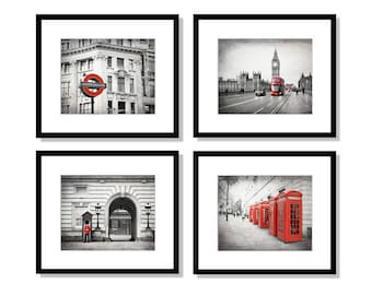 London Prints, London Wall Art, Set of 4 Prints, Black and White, Red, Gallery Wall, Travel Decor, Big Ben, Phone Box, Palace, Taxi Cab, Bus