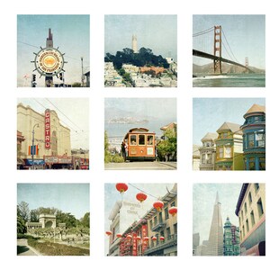 May include: A collage of nine vintage-style photographs showcasing iconic landmarks and scenes from San Francisco, California. The images include the Golden Gate Bridge, Fisherman's Wharf, a cable car, the Castro Theatre, the Painted Ladies, and the Transamerica Pyramid.