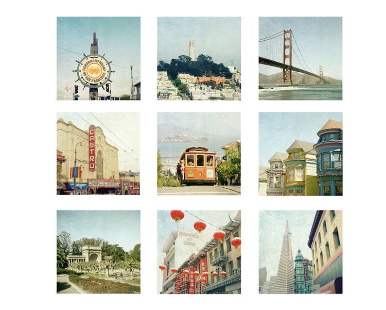 May include: A collage of nine vintage-style photographs showcasing iconic landmarks and scenes from San Francisco, California. The images include the Golden Gate Bridge, Fisherman's Wharf, a cable car, the Castro Theatre, the Painted Ladies, and the Transamerica Pyramid.