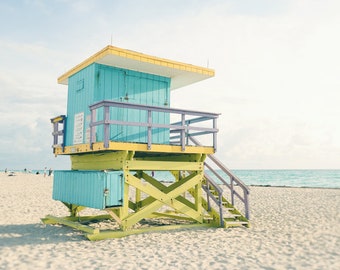 Beach Decor, Miami Beach Lifeguard Tower Print, Blue and Yellow, Wall Art, Florida, South Beach