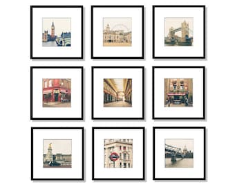London Prints, London Gallery Wall Art, Big Ben, Tower Bridge, Travel Decor, Set of 9 prints, 5x5, 8x8, 10x10, 12x12, Square Prints