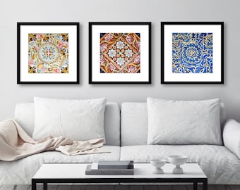 Spanish Tile Wall Art, Kitchen Decor, Set of 3 Prints, Bathroom Decor, Square Prints, Colorful Patterns, Barcelona, Spain Photography Print