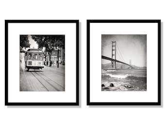 San Francisco Print Set, Black and White Photography, Golden Gate Bridge, Cable Car, California Wall Art, Set of 2 prints