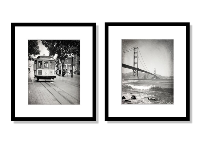 San Francisco Print Set, Black and White Photography, Golden Gate Bridge, Cable Car, California Wall Art, Set of 2 prints