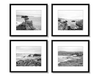 California Coast, Black and White Photography Print Set, Lone Cypress Monterey, Pebble Beach Wall Art, Pacific Coast, Set of 4 Prints