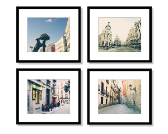 Madrid Spain Wall Art, Spain Prints, Travel Decor, Black and White Photography, City Art, Bear, Gran Via, Cafe, Europe,  Set of 4 Prints