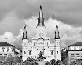 Jackson Square, St Louis Cathedral, New Orleans Photography, Black and White Print, French Quarter, NOLA, Travel Decor, Wall Art