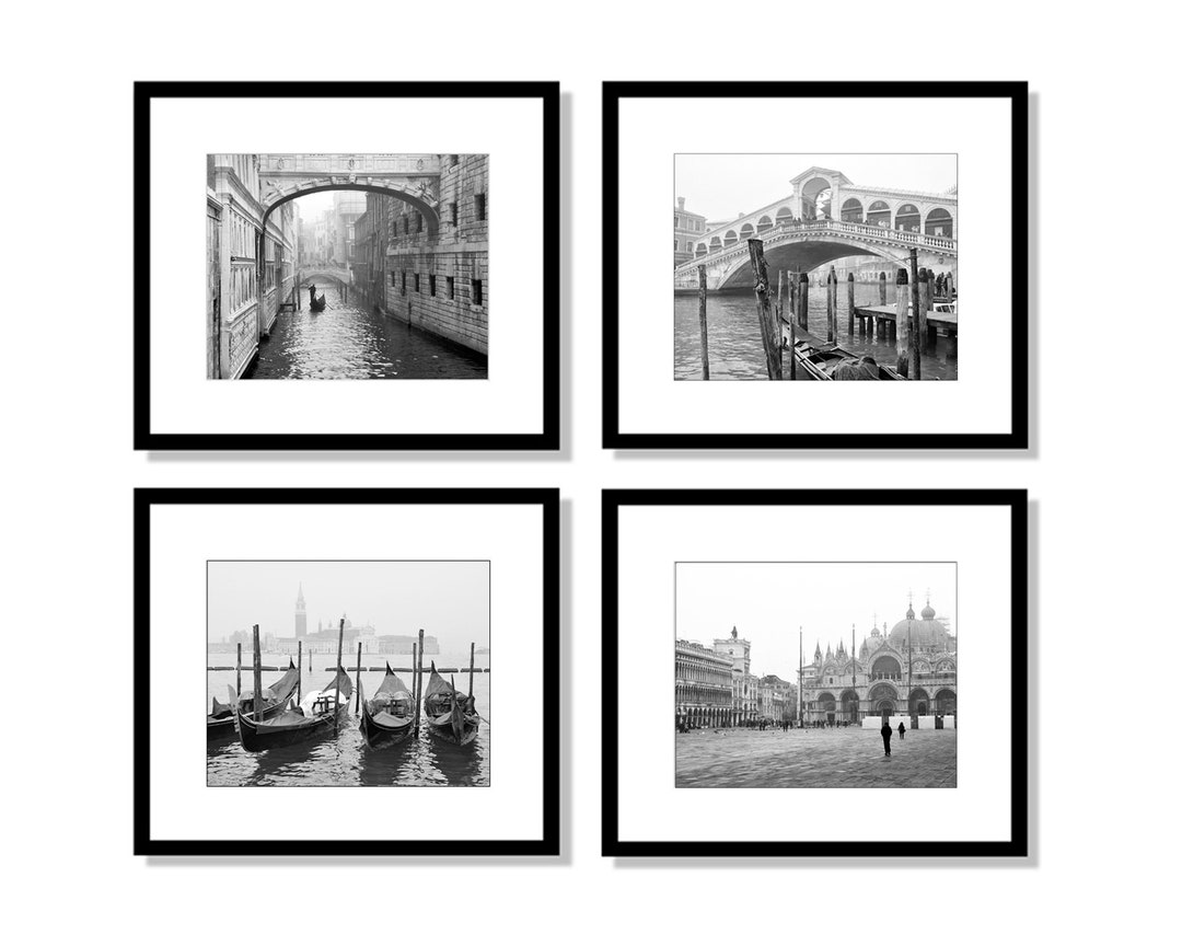 Venice Wall Art, Set of 4 Prints, Black and White Photography, Venice