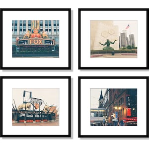 Detroit, Set of 4 Prints, Wall Art, Fine Art Photography Prints, Fox Theater, Spirit of Detroit Statue, Comerica Park, Tigers, Greektown