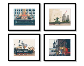 Detroit, Set of 4 Prints, Wall Art, Fine Art Photography Prints, Fox Theater, Spirit of Detroit Statue, Comerica Park, Tigers, Greektown