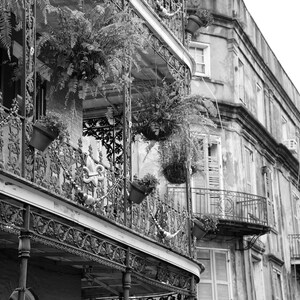 May include: Black and white photo of a building with ornate wrought iron balconies and lush greenery. The building has a weathered facade and multiple stories.