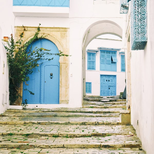 Mediterranean Decor, Travel Photography, Blue Door, Blue Windows, Tunisia, Tunis, Europe, Fine Art Print, aqua, white, home decor, wall art