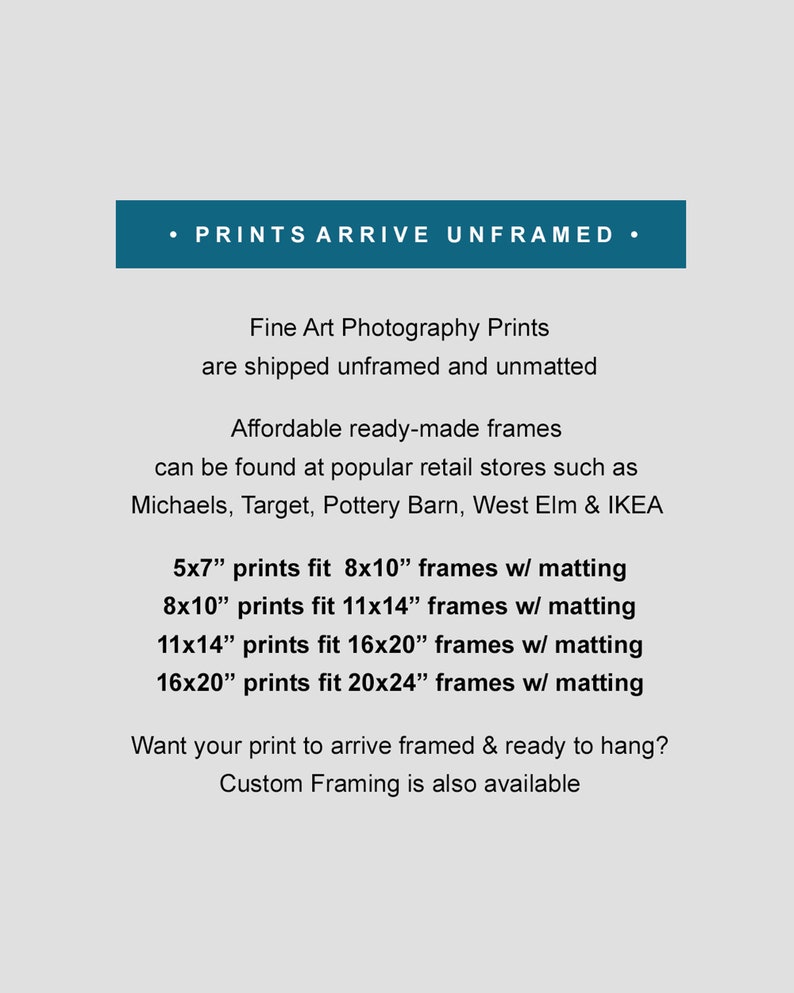 May include: Text explaining that fine art photography prints are shipped unframed and unmatted.  It also lists the standard sizes of prints and the corresponding frame sizes with matting.  The text includes the phrase "PRINTS ARRIVE UNFRAMED".