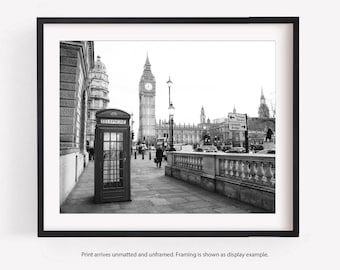 London Black and White Photography Print, Big Ben, Red Phone Box, Travel Decor Wall Art