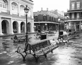 New Orleans Art, Black and White Photography Print, Jackson Square, French Quarter, Travel Decor