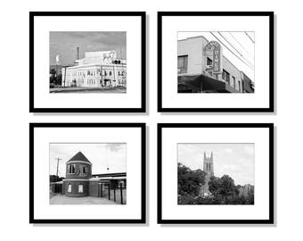 Durham NC Photo Set, Durham Photography, black and white, Durham Bulls, Duke University, Lucky Strike, Elmos Diner, Wall Art, Set of 4
