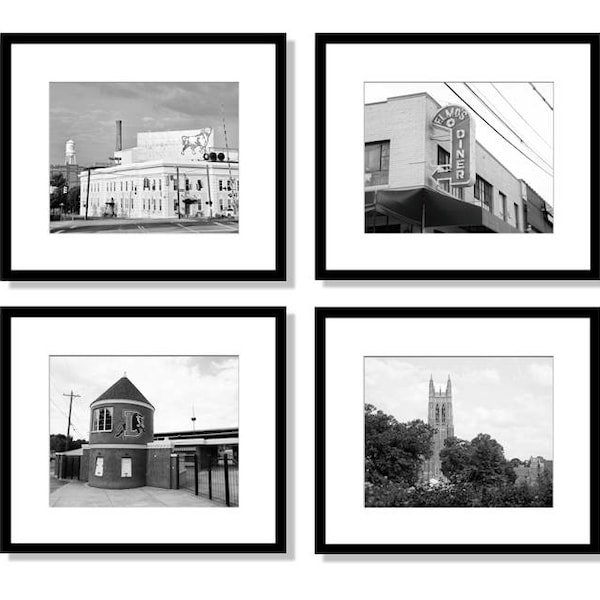 Durham NC Photo Set, Durham Photography, black and white, Durham Bulls, Duke University, Lucky Strike, Elmos Diner, Wall Art, Set of 4