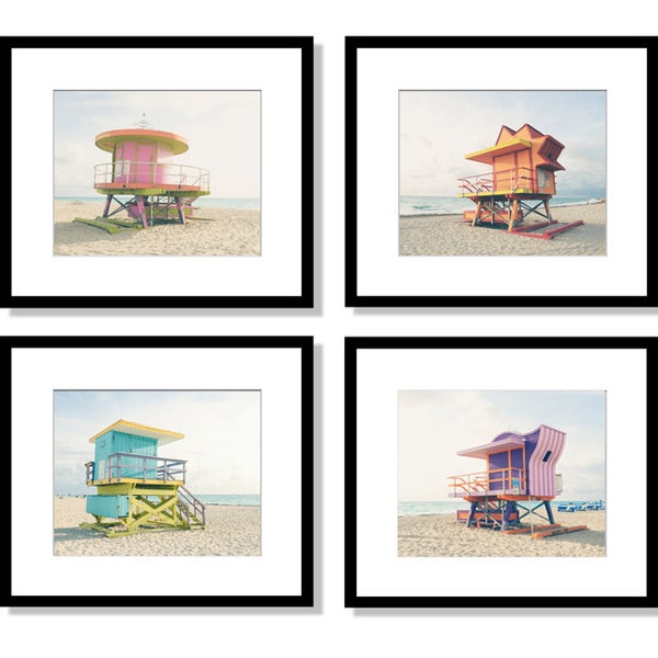 Miami Beach Prints, Beach Decor Wall Art, Lifeguard Stands, South Beach, Miami Photography, Set of 4 Prints