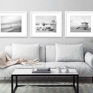 Black and White Beach Photography, Set of 3 Prints, Malibu Los Angeles, California Wall Art