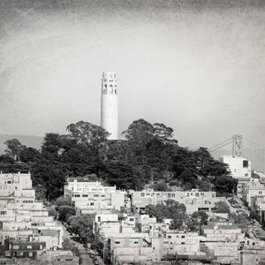 May include: A black and white photograph of a tall, white tower with a pointed roof, surrounded by trees and buildings. The tower is located in a city with a bridge in the background.