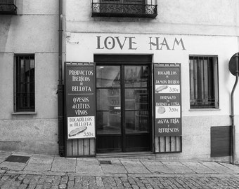 Spain Photography, Love Ham, Shop, Salamanca, Spanish Decor, Kitchen Decor, Travel, Fine Art Print, Black and White, Europe, Jamón, Wall Art