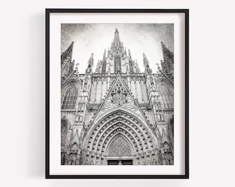 Barcelona Black and White Photography Print, Barcelona Cathedral, Gothic Architecture, Spain Travel Decor, Vertical Wall Art