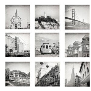 May include: A black and white photo collage of nine images depicting various landmarks and scenes in San Francisco, California. The images include the Golden Gate Bridge, a cable car, the Castro Theatre, and the Transamerica Pyramid.