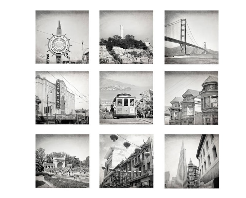 May include: A black and white photo collage of nine images depicting various landmarks and scenes in San Francisco, California. The images include the Golden Gate Bridge, a cable car, the Castro Theatre, and the Transamerica Pyramid.