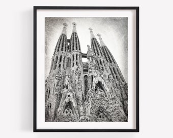 Sagrada Familia Gaudi, Barcelona Spain Print, Black and White Photography, Travel Decor, Cathedral, Architecture, Vertical Wall Art