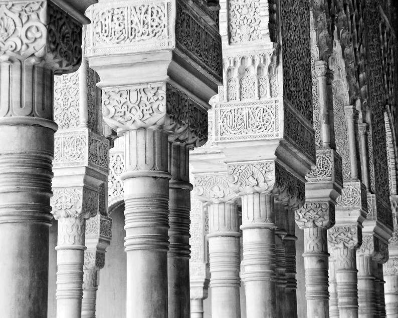 Alhambra Black and White Photography Print, Granada Spain, Travel Decor Wall Art, Alhambra Columns image 4