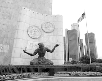Spirit of Detroit Statue, Detroit Print, Black and White Photography, Detroit Wall Art, Home Decor, Detroit Gift