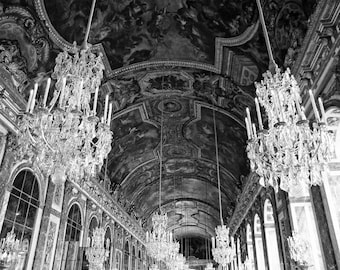 Hall of Mirrors Print, Chandelier Photography, Versailles, Paris Black and White Photography Wall Art, Travel Decor