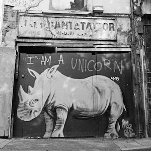 London Street Art Photography Print, Black and White Photo, Graffiti, Urban Wall Art, I am a Unicorn, Rhino Print image 1