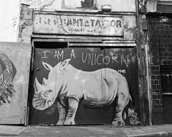 London Street Art Photography Print, Black and White Photo, Graffiti, Urban Wall Art, I am a Unicorn, Rhino Print