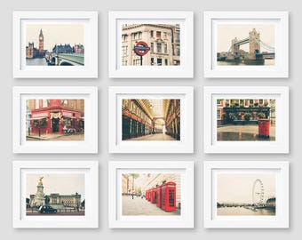 London Prints, London Wall Art, London Print Set, Gallery Wall, Big Ben, Red Phone, Tower Bridge, Travel Decor, Set of 9 Prints, 5x7, 8x10