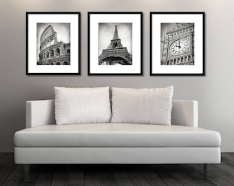 Set of 3 Prints, Europe Cities, Black and White Photography, Travel Decor, Rome, Paris, London, Colosseum, Eiffel Tower, Big Ben, City Print