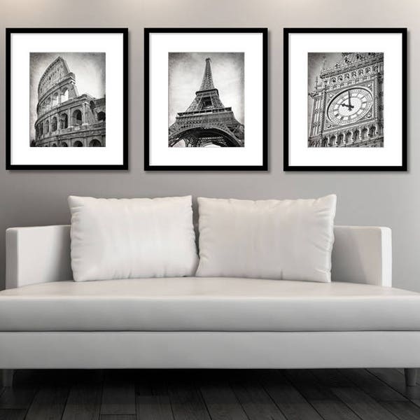 Set of 3 Prints, Europe Cities, Black and White Photography, Travel Decor, Rome, Paris, London, Colosseum, Eiffel Tower, Big Ben, City Print