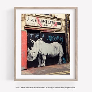 Rhino I am a Unicorn Print, Graffiti Street Art Photography Print, Black and White or Color, Vertical Wall Art