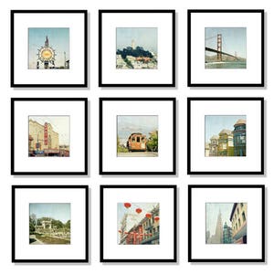 San Francisco Art, Print Set, Golden Gate Bridge, Cable Car, California, Gallery Wall, Set of 9, Square Prints, Black and White Photography