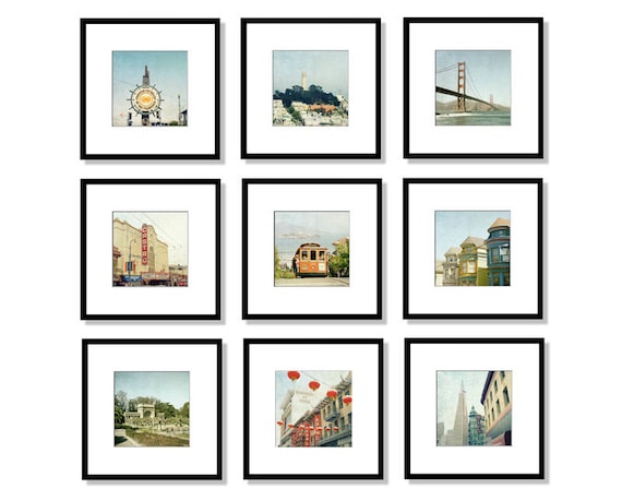 San Francisco Art, Print Set, Golden Gate Bridge, Cable Car, California, Gallery Wall, Set of 9, Square Prints, Black and White Photography