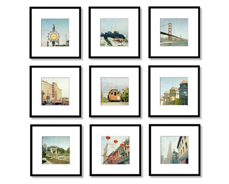 May include: A collage of nine framed photographs showcasing various iconic landmarks and scenes from San Francisco, California. The images include the Golden Gate Bridge, cable cars, Chinatown, and the city skyline.