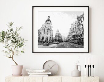 Madrid Print, Spain, Black and White Photography, Gran Via, Madrid