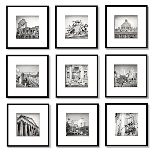 Rome Wall Art Print Set, Black and White Photography, Square Gallery Wall Art, Colosseum, Travel Decor, Italy, Set of 9, 5x5, 8x8, 10x10