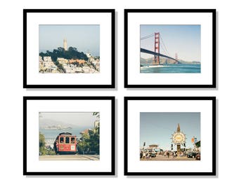 San Francisco Prints, San Francisco Wall Art, Black and White Photography, Golden Gate Bridge, Cable Car, Coit Tower, Wharf, Set of 4 Prints