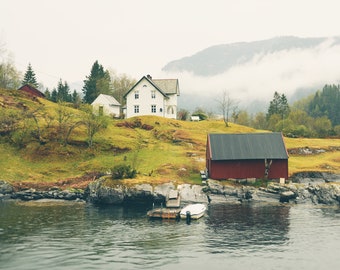 Red Barn Farmhouse Decor, Scandinavian Norway Photography Print, Nature Landscape Wall Art, Black & White or Color Print
