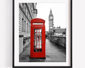 London Print, Big Ben, Black and White Photography, Red Phone Box, Travel Decor, Vertical Wall Art