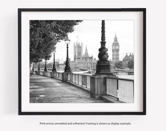 London Black and White Photography Print, Big Ben, View along the Embankment, Travel Decor Wall Art