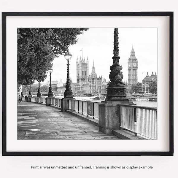 London Black and White Photography Print, Big Ben, View along the Embankment, Travel Decor Wall Art